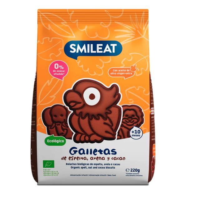 12-pack ekologiska spelt-, havre- och kakaokakor 220 g Smileat