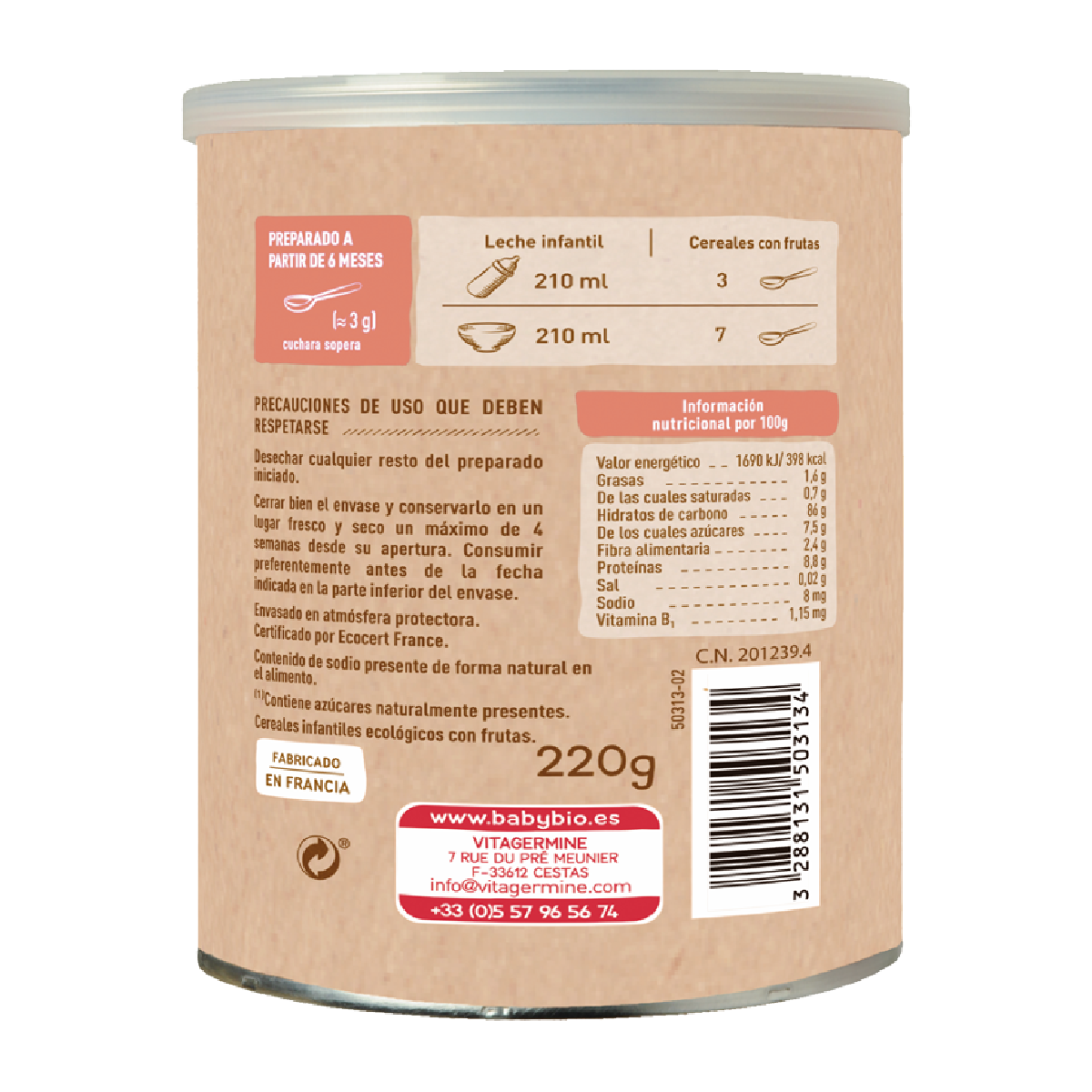 5-grain porridge with fruit for babies aged 6 months and up Babybio 220 g