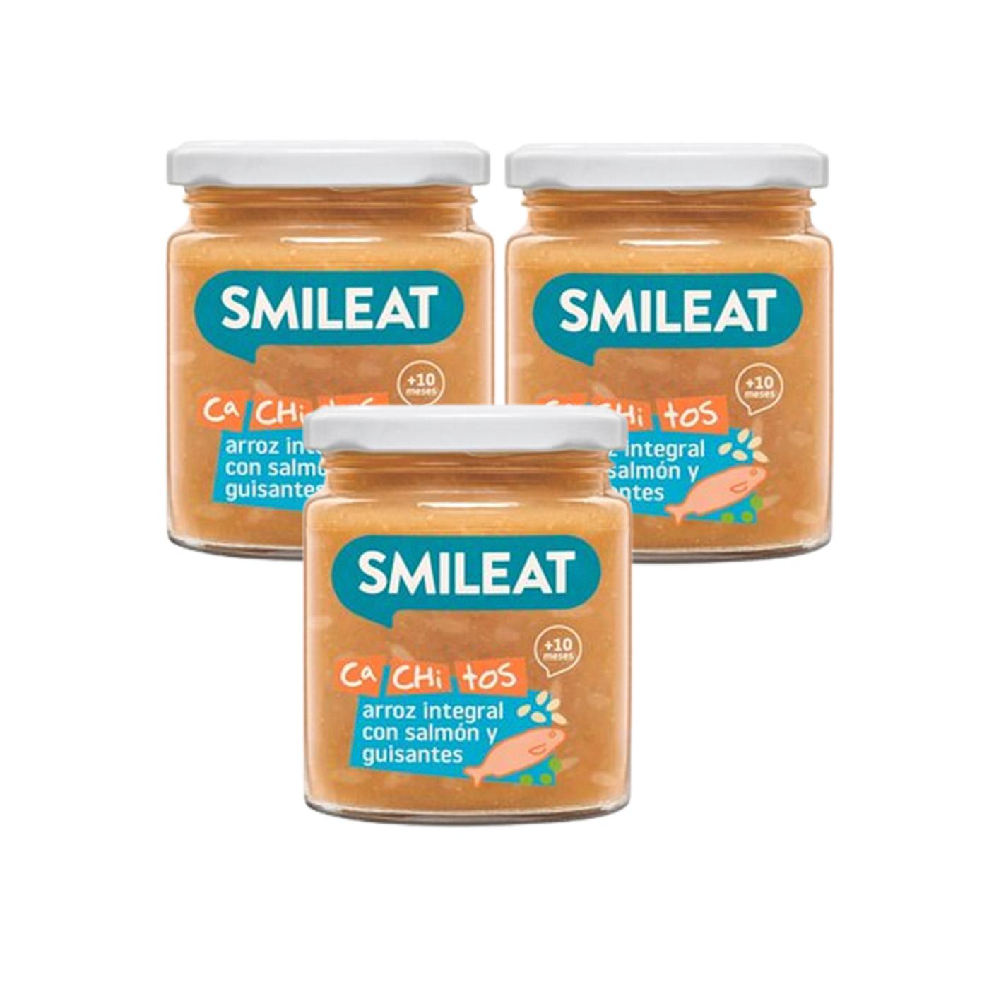 Confezione da 3 vasetti di riso integrale con salmone e piselli ECO CA CHI TOS 230 g, Smileat