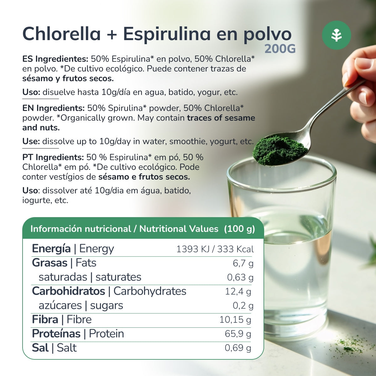 Chlorella + Spirulina powder Planeta Huerto 200 g