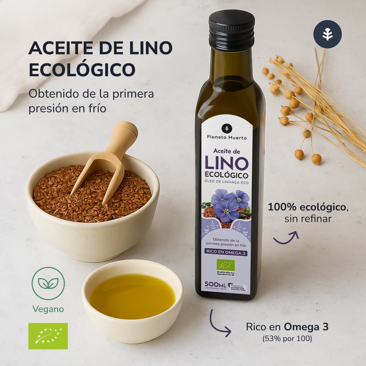 Confezione da 2 oli di lino spremuto a freddo ECO Planeta Huerto 500 ml