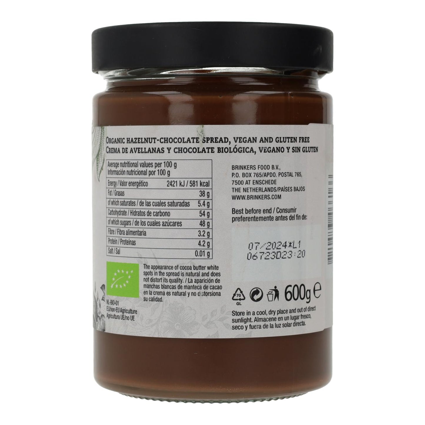 Vegansk glutenfri choklad- och hasselnötskräm La Vida Vegan 600 g