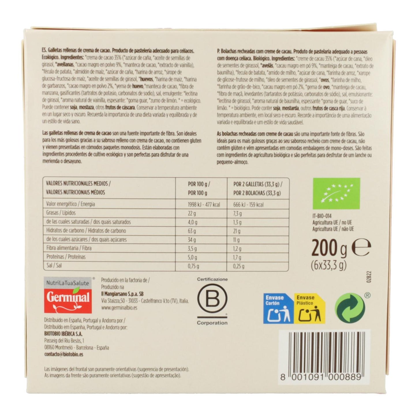 Biscotti senza glutine ripieni di crema al cacao Germinal Bio, 200 g