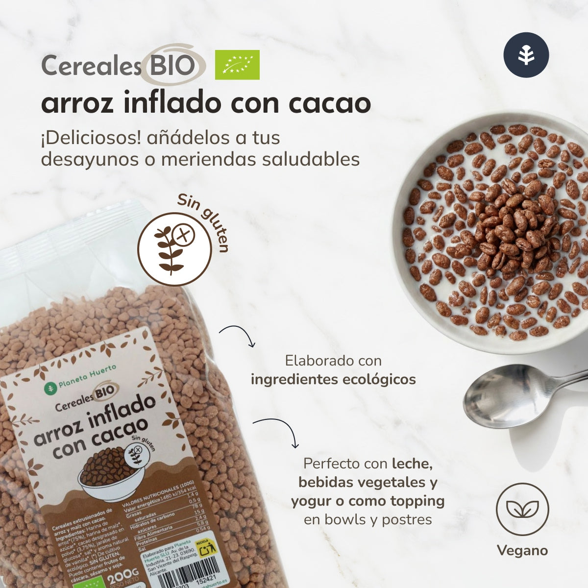 Glutenvrije gepofte rijst met cacao ECO Planeta Huerto 200 g
