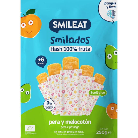 SMILADO pera y melocotón ecológico, helado flash infantil 100% fruta SMILEAT