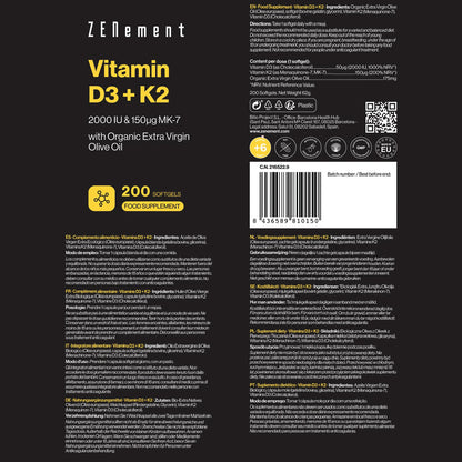 Vitamin D3 + K2, Cholecalciferol (2000 IE) & MK-7 (150 μg) Zenement, 200 Tabletten