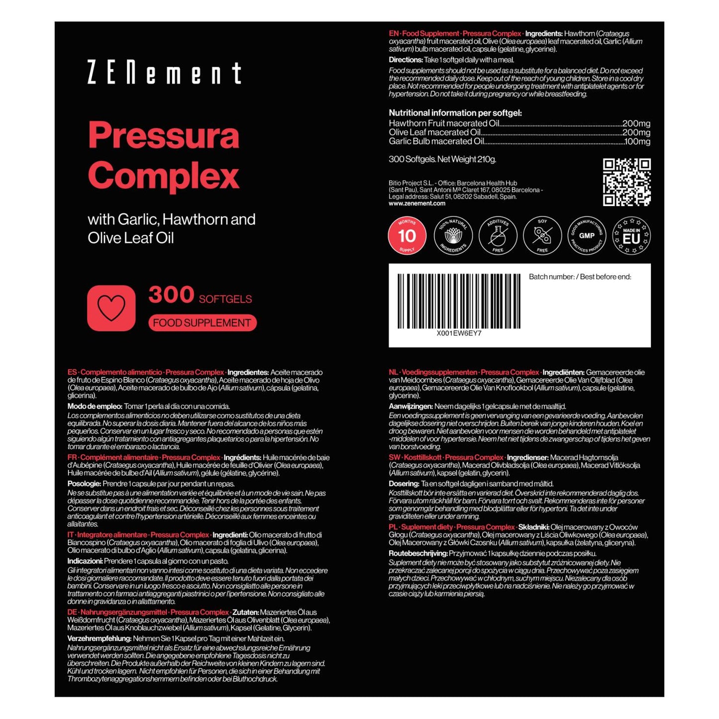 Pressura Complex mit Knoblauchöl, Weißdorn und Olivenblättern Zenement,  300 Tabletten