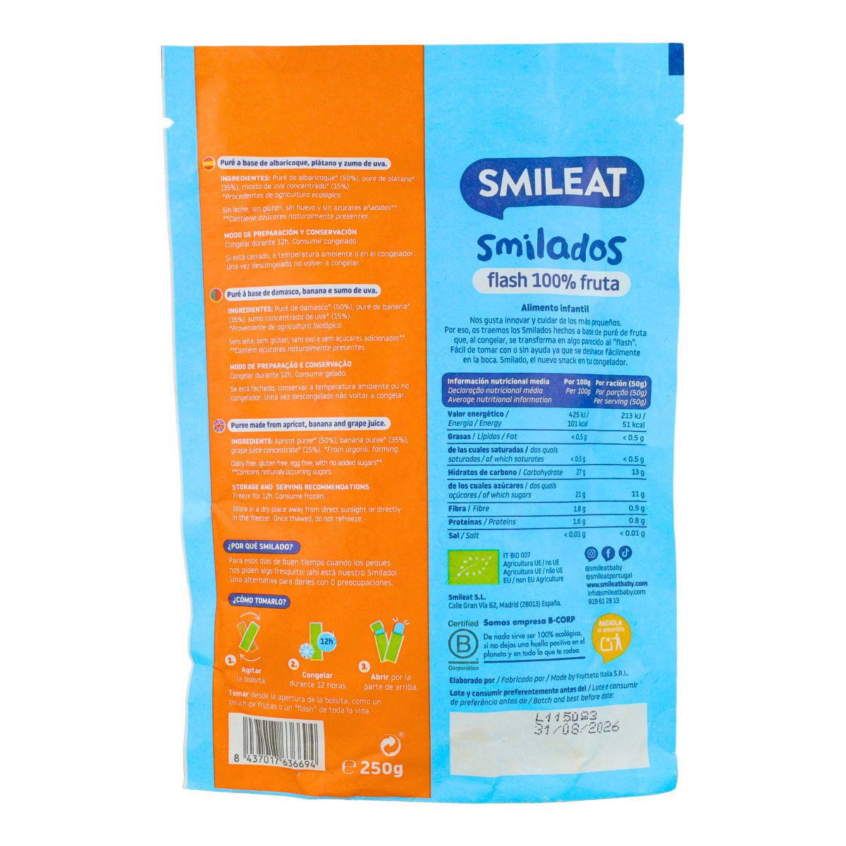 SMILADO organic apricot and banana, 100% fruit flash ice cream for children SMILEAT