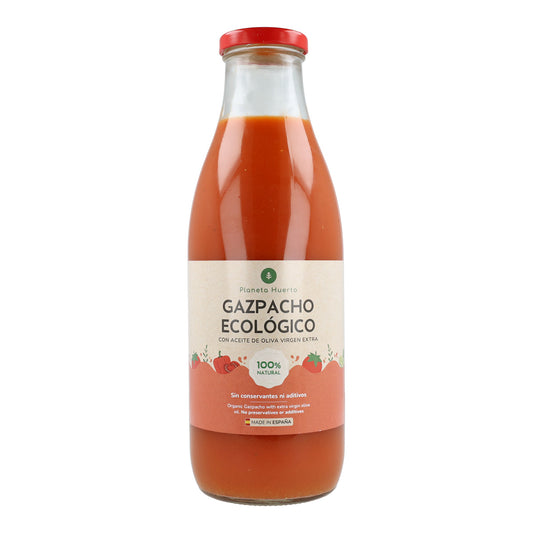 Bio-Gazpacho nach traditionellem Rezept mit 1 Liter nativem Olivenöl extra von Planeta Huerto.