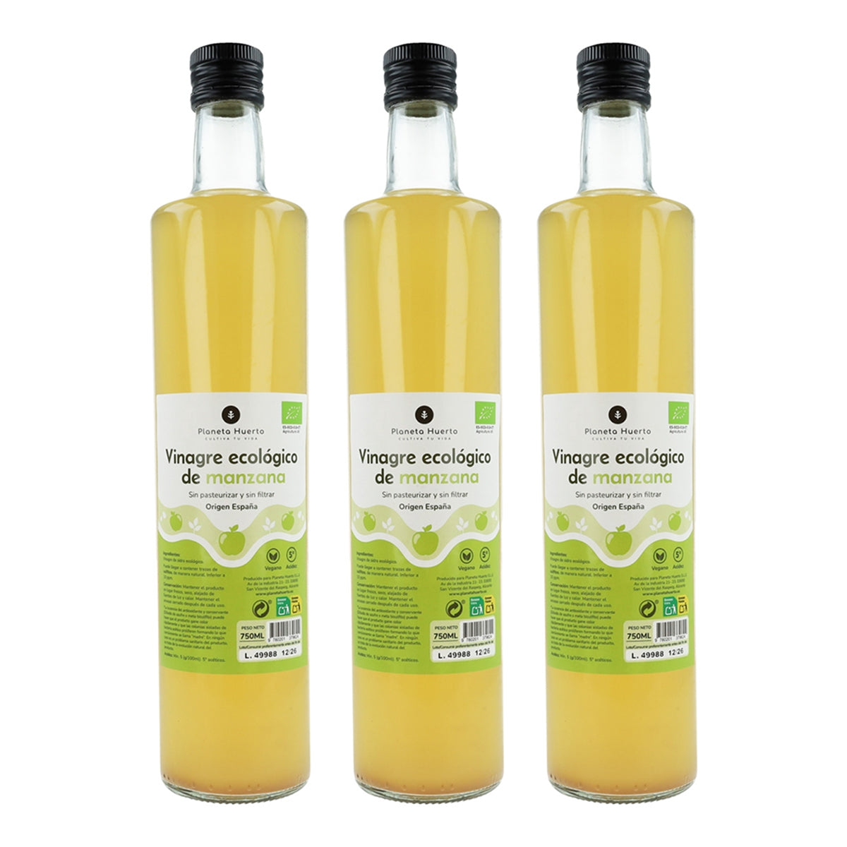 Pack 3x Unfiltered ECO apple vinegar Planeta Huerto 750 ml