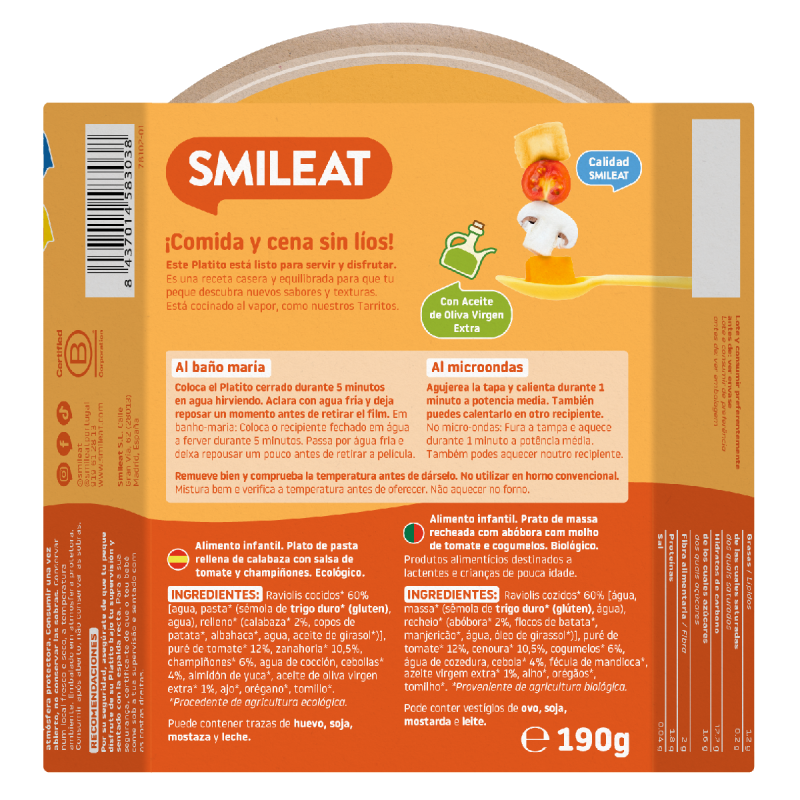 Små tallrikar med ravioli med pumpa och tomatsås ECO (från 15 månader) Smileat 190 g