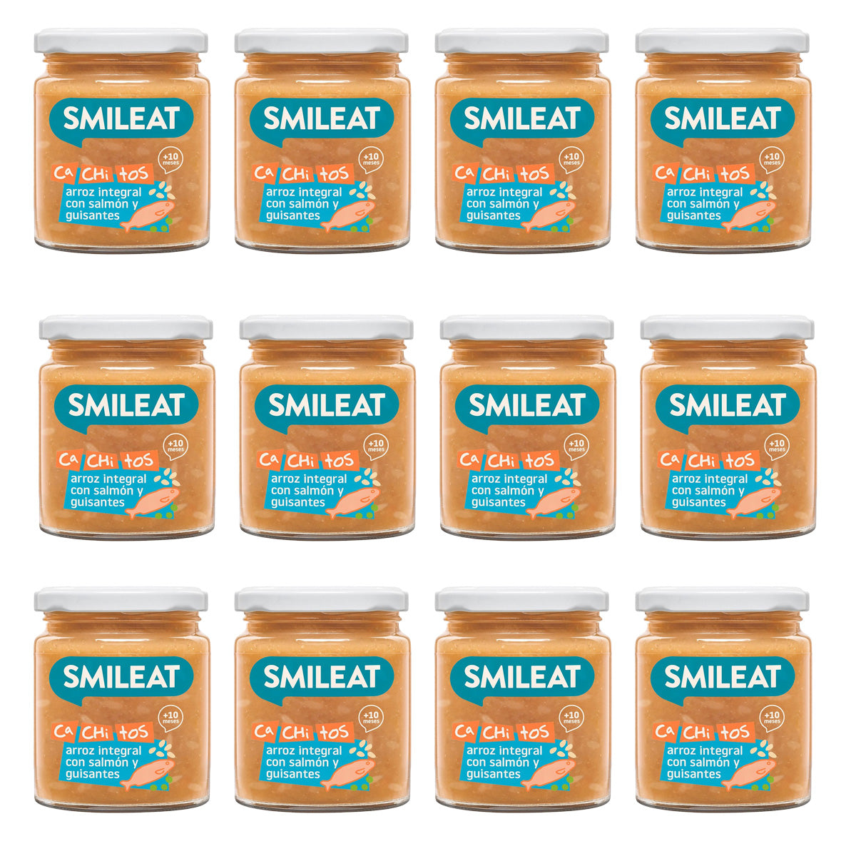 Confezione da 12 vasetti di riso con salmone e piselli ECO CA CHI TOS Smileat, 230 g