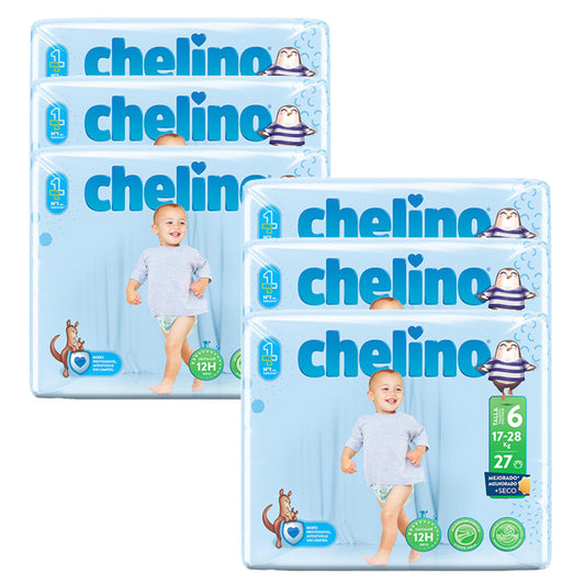 Pack of 6x T6 Junior Nappies (17-28 kg) 27 units, Chelino