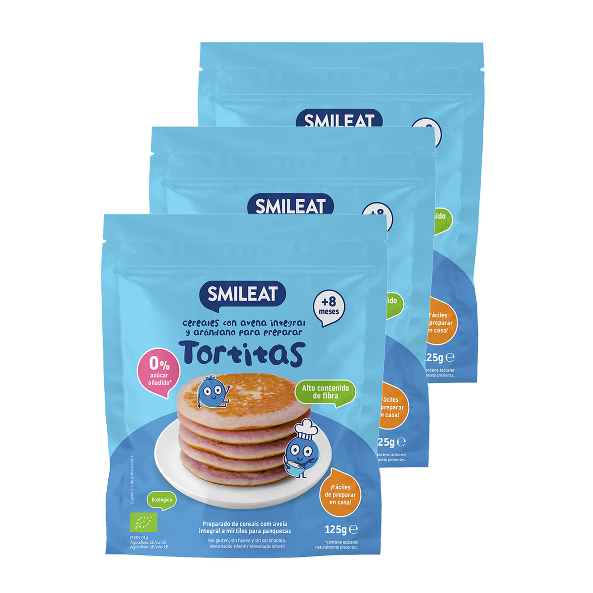 3-pack Mix Tortitas Fullkornshavre och blåbär ECO, Smileat, 125 g