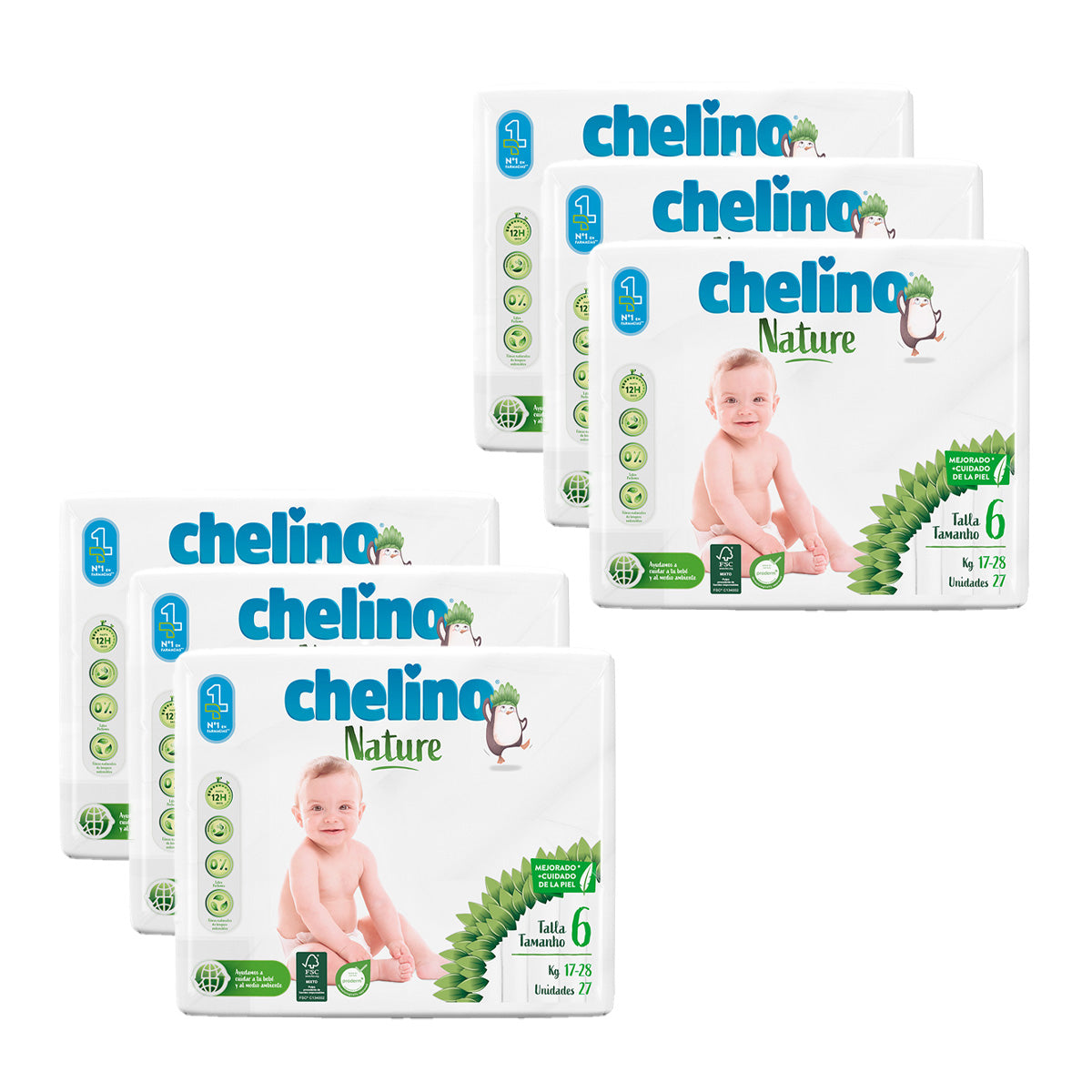 Pack 6 couches T6 17-28 kg Chelino Nature 27 unités
