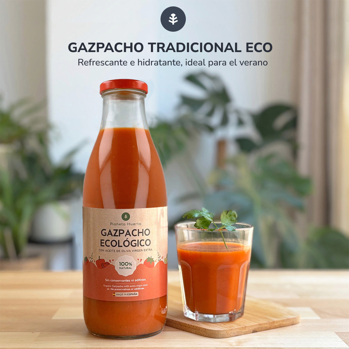 Bio-Gazpacho nach traditionellem Rezept mit 1 Liter nativem Olivenöl extra von Planeta Huerto.