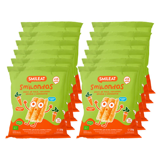 Confezione da 12 snack Smilondas con mais, ceci, lenticchie e carote biologici, Smileat, 25 g