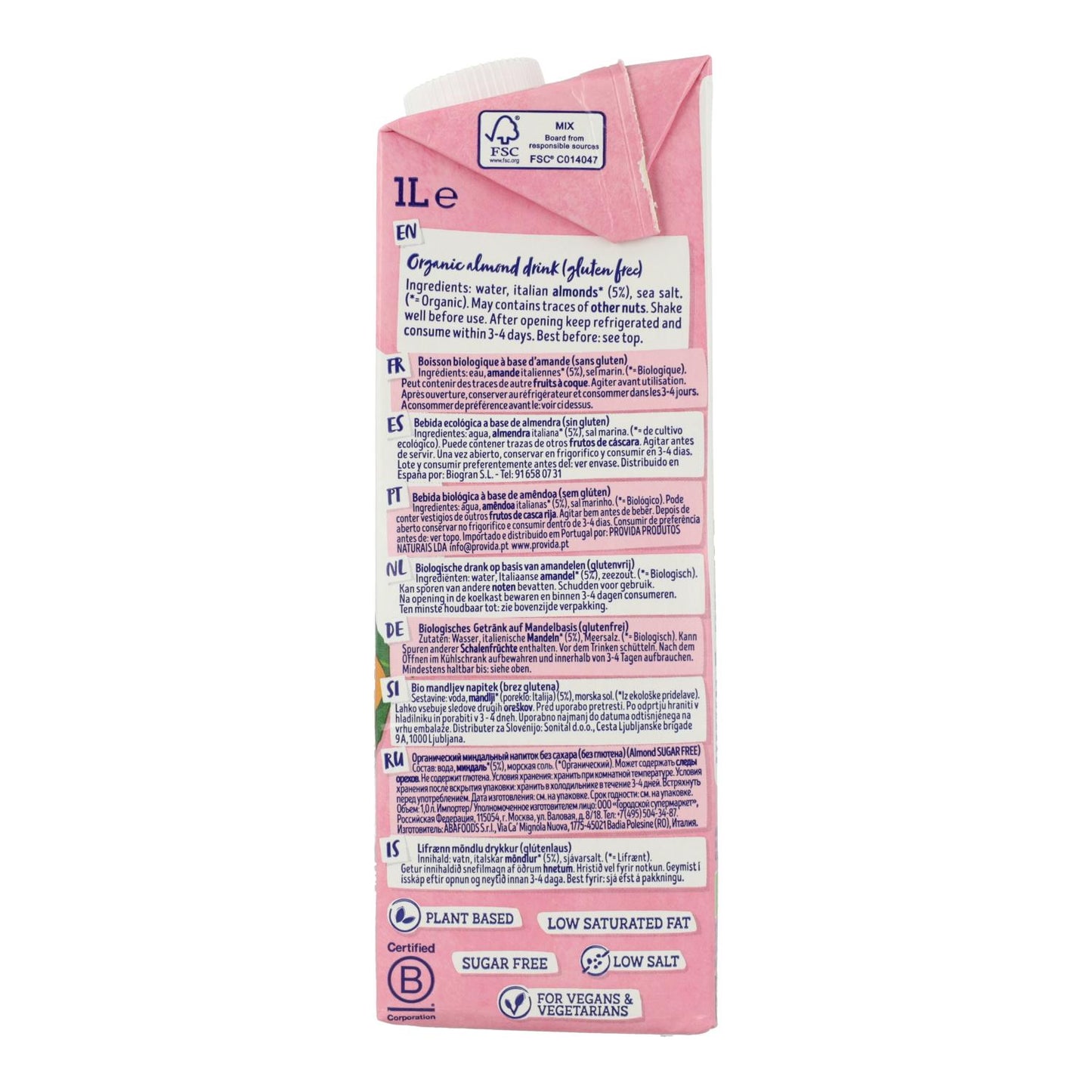 Packung mit 6 Einheiten Isola Bio Bio-Mandelgetränk zuckerfrei 1 l