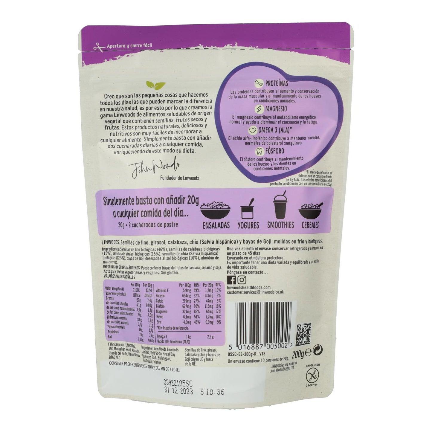 Semillas de Lino, Girasol, Calabaza, Chía y Bayas de Goji molidas Bio - Linwoods  425 g