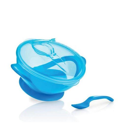 Bol pour bébé avec ventouse, cuillère et couvercle bleu  6m+ Nuby