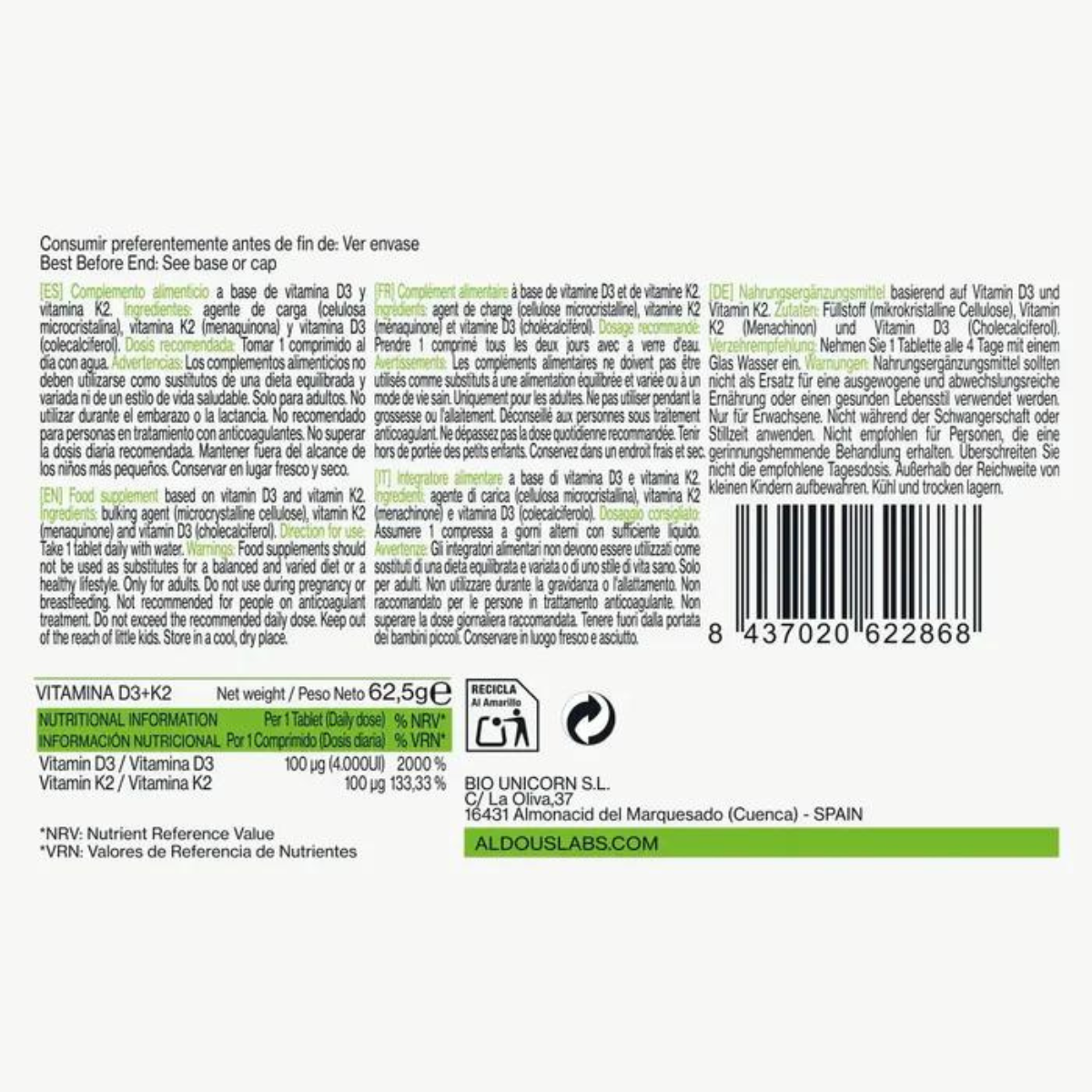 Vitamina D3 + K2 Aldous 250 compresse