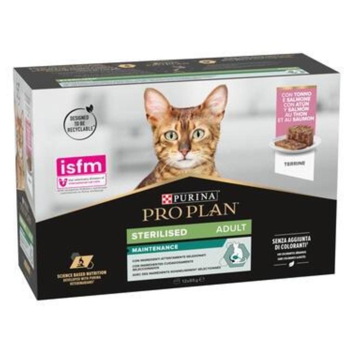 Pro Plan Adult Sterilisiertes Erhaltungsfutter für Katzen, Terrine mit Thunfisch und Lachs, Purina, 12 x 85g Dosen