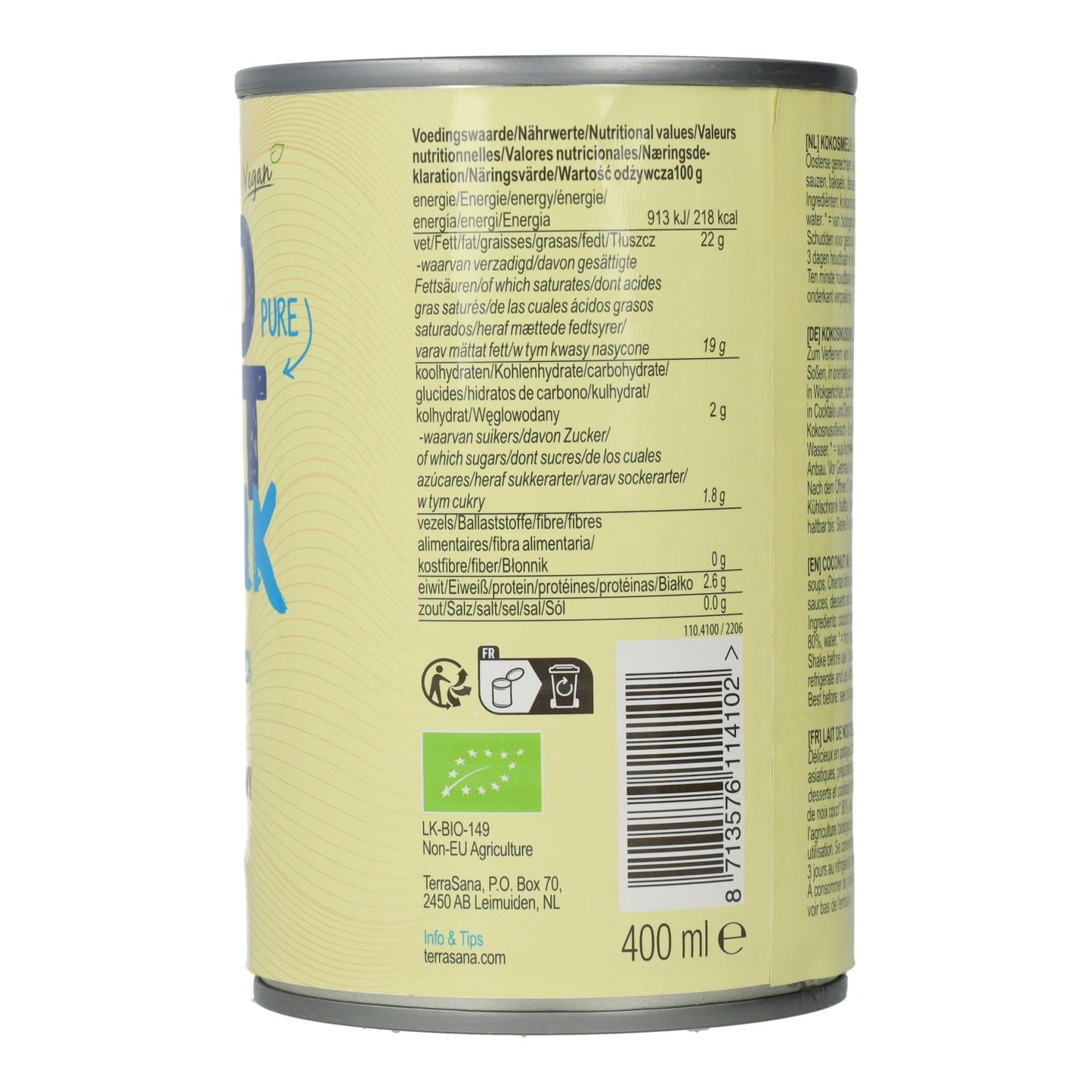 Leche de coco 80 % BIO Terrasana, 400 ml