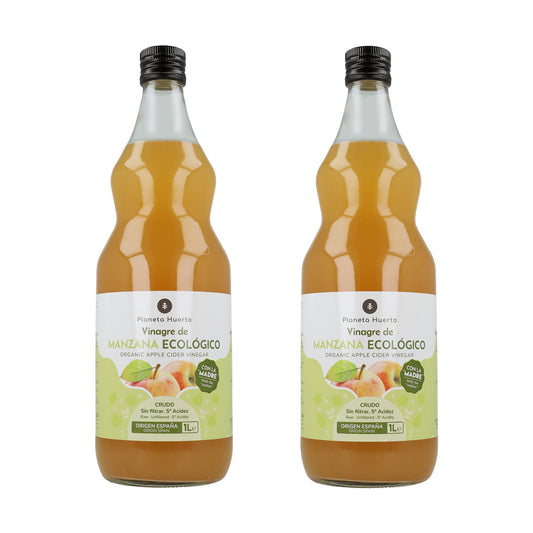 Förpackning med 2x ekologisk, ofiltrerad äppelcidervinäger med moder Planeta Huerto 1 l