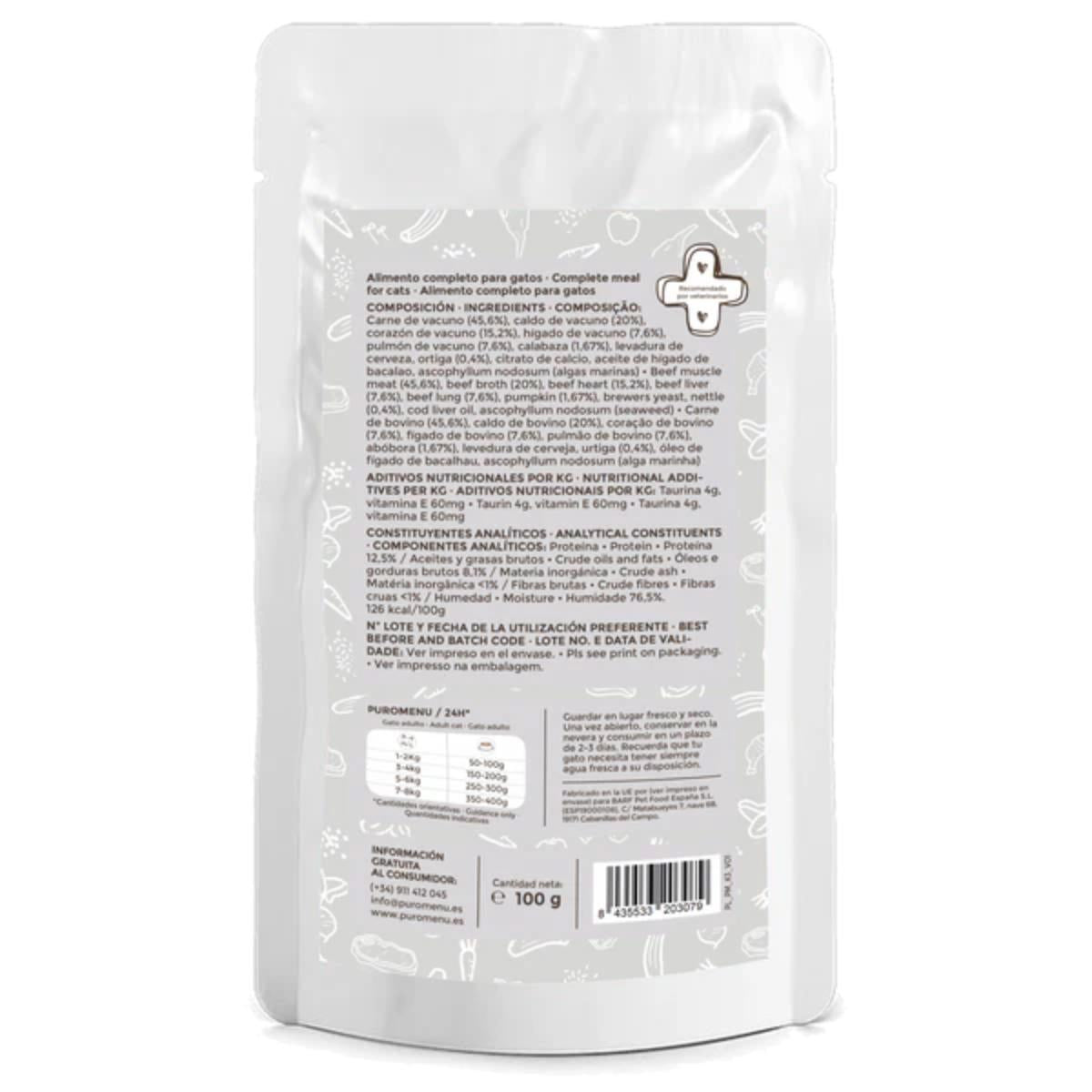 Nourriture humide Barf pour chats Bigotes felices (bœuf) BIO Puromenu 100 g