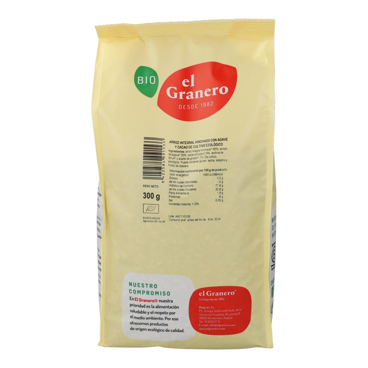 Ryż brązowy dmuchany z agawą i kakao El Granero, 300 g