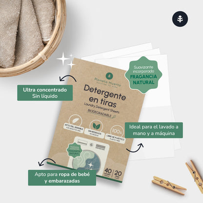 Pakket van 5 Eco-strips wasmiddel en wasverzachter Planeta Huerto 200 wasbeurten
