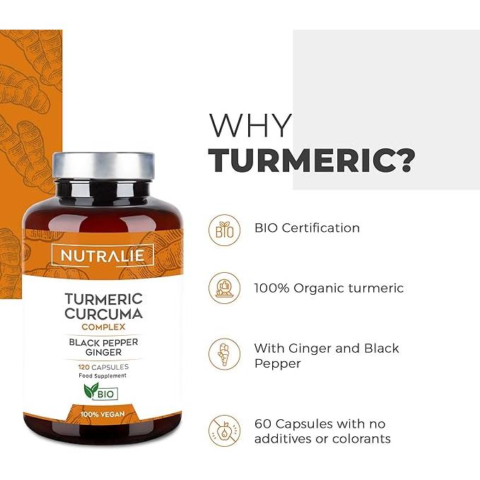 Nutralie Kurkuma-Komplex + Ingwer und schwarzer Pfeffer aus biologischem Anbau 120 Kapseln