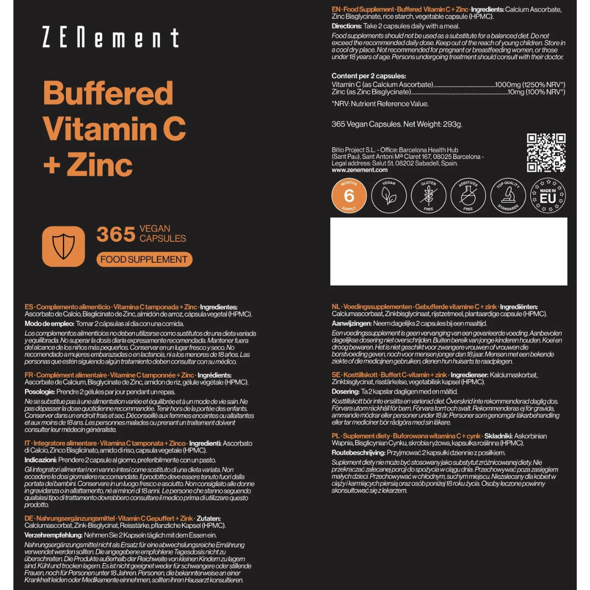 Puffertes Vitamin C + Zink Zenement 365 vegane Kapseln