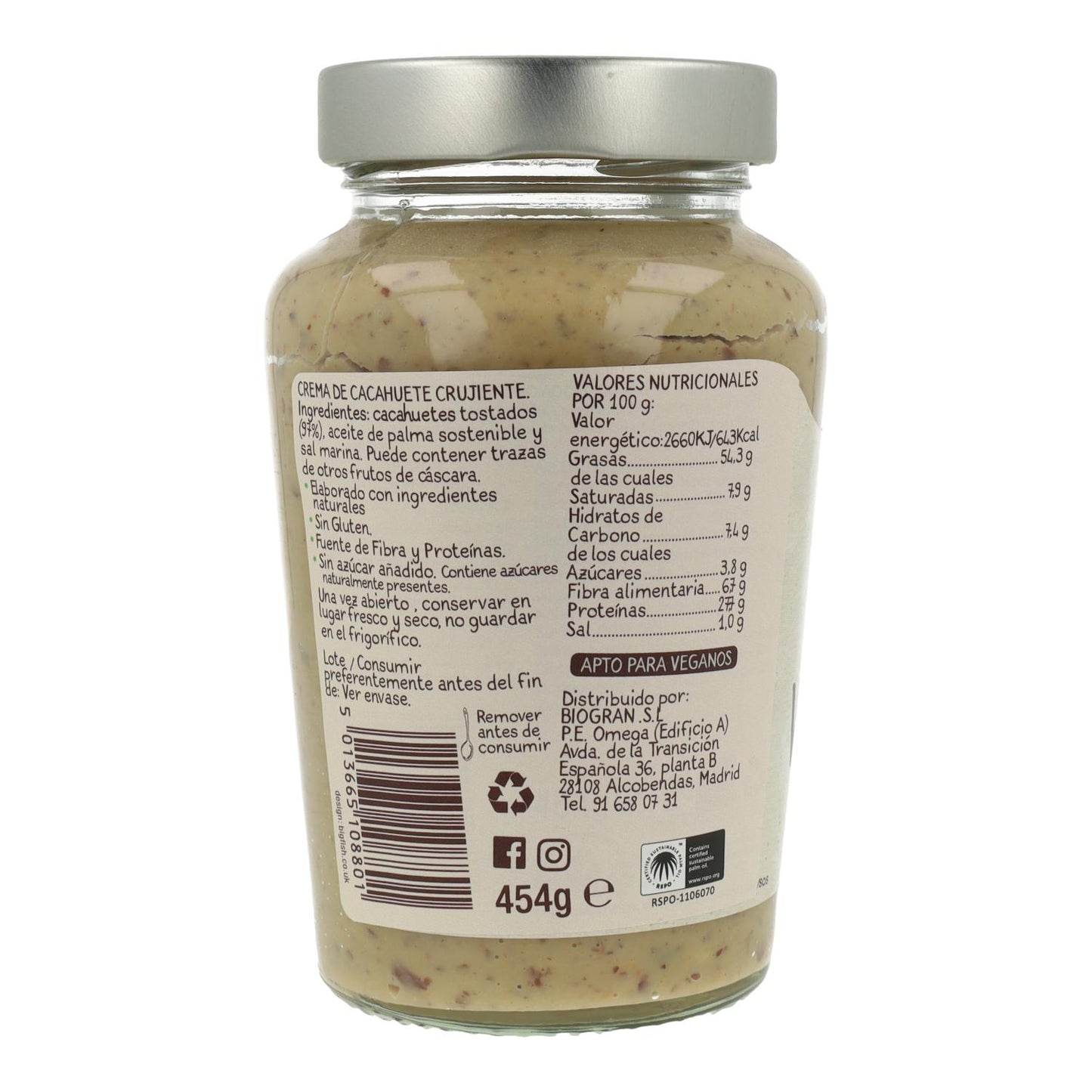 Crema de Cacahuete Original Crunchy, 454g. Whole Earth