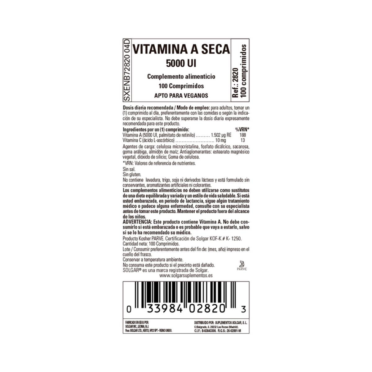 Torkad vitamin A 5000 IE palmitat, 100 tabletter (5000 IE)