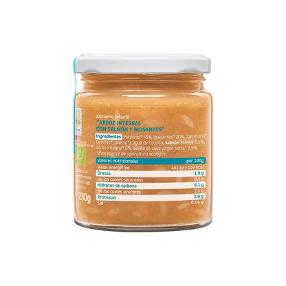 Confezione da 12 vasetti di riso con salmone e piselli ECO CA CHI TOS Smileat, 230 g