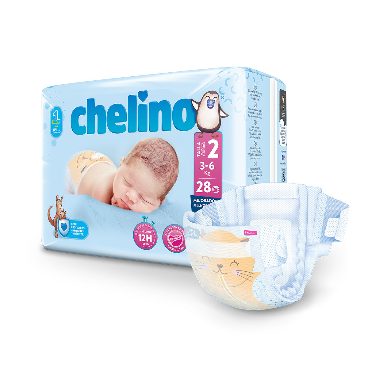 Pack of 6 x Newborn Nappies T2 (3-6 kg) 28 units, Chelino