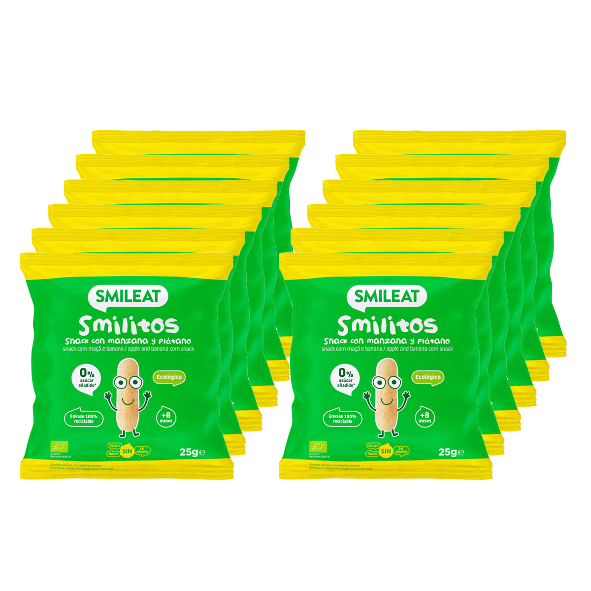 Confezione da 12 Smilitos, snack a forma di vermi di mela e banana, Smileat, 25 g