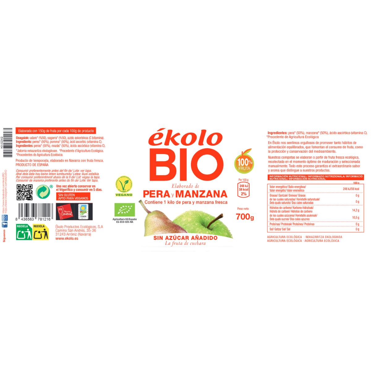 Hergestellt aus Bio-Birnen und -Äpfeln, ohne Zuckerzusatz. Ékolo 700 g