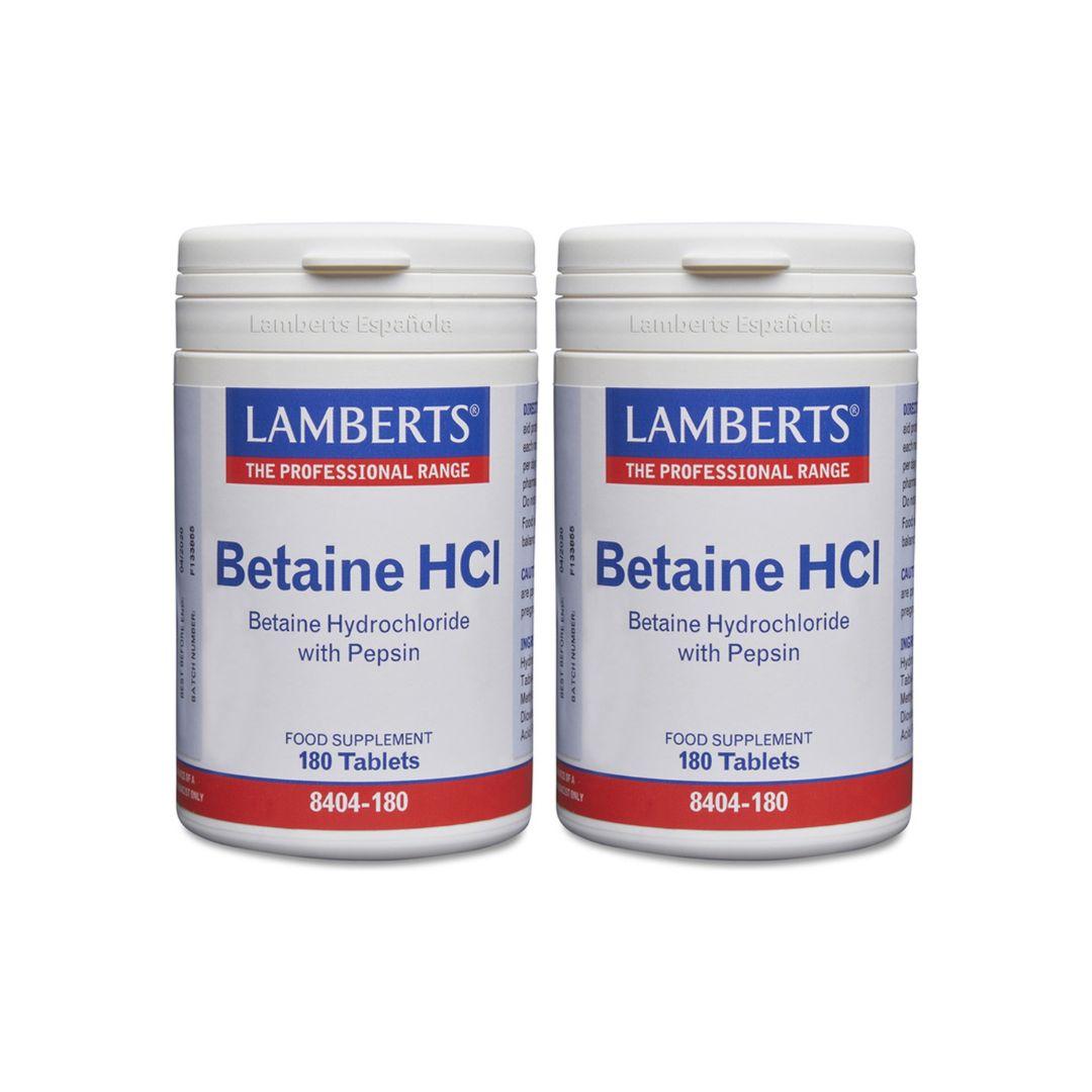 Confezione da 2 x Betaina HCl 324 mg/Pepsina 5 mg Lamberts, 180 compresse