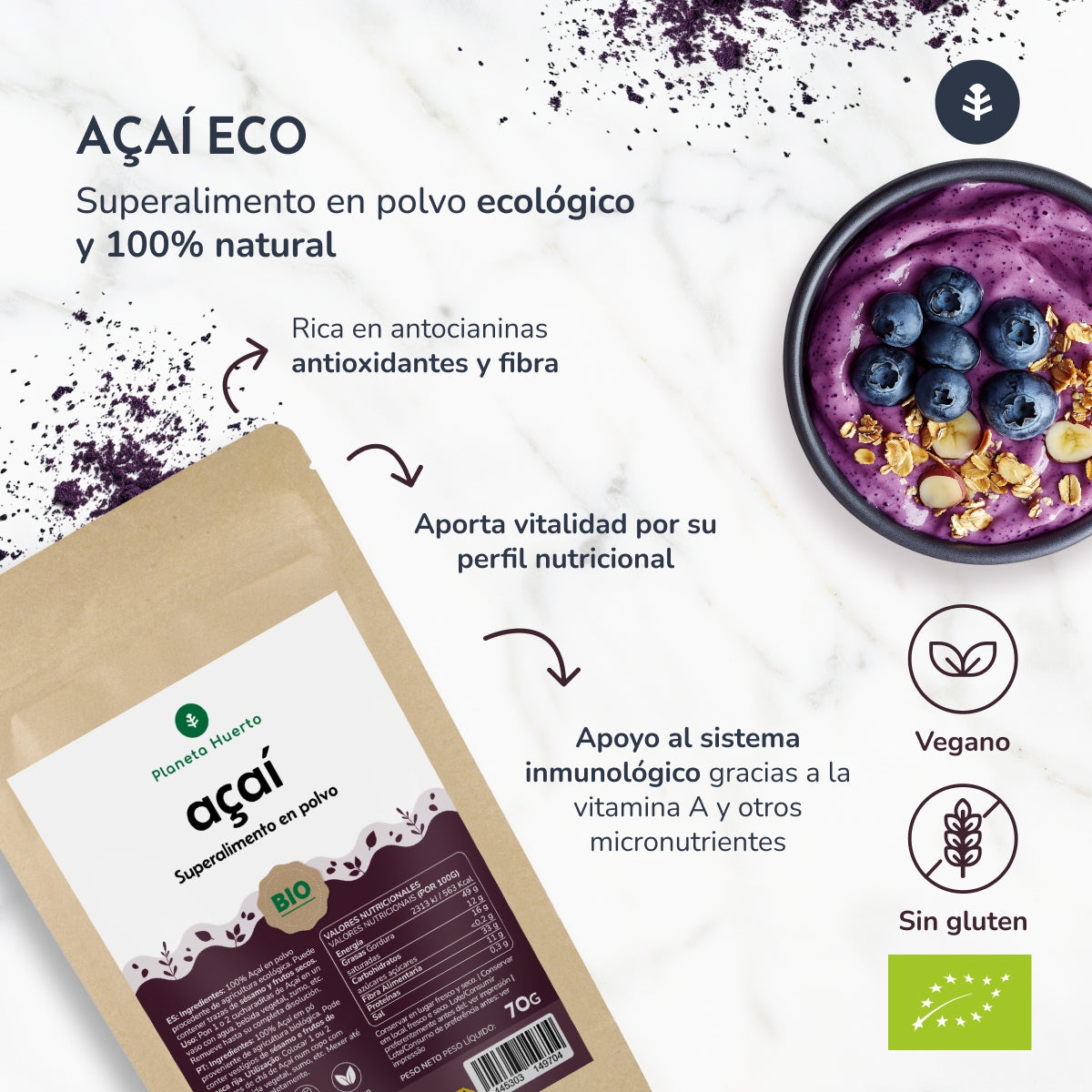 Açaí-pulver ECO Planeta Huerto 70 gr