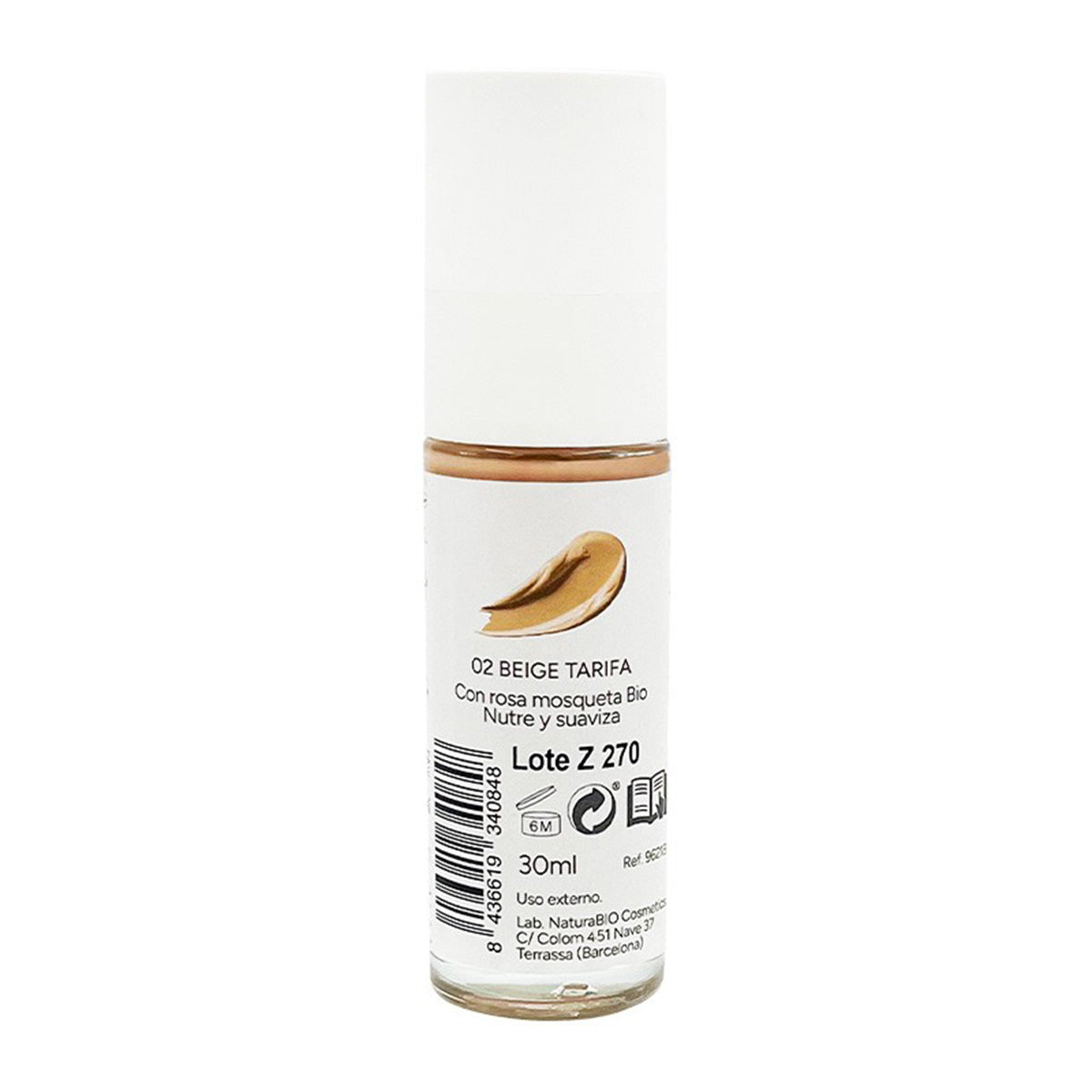 Fond de teint fluide 02 Beige Tarifa, fini impeccable, à la rose musquée et au beurre de karité,  NaturaBio Cosmetics, 30 ml