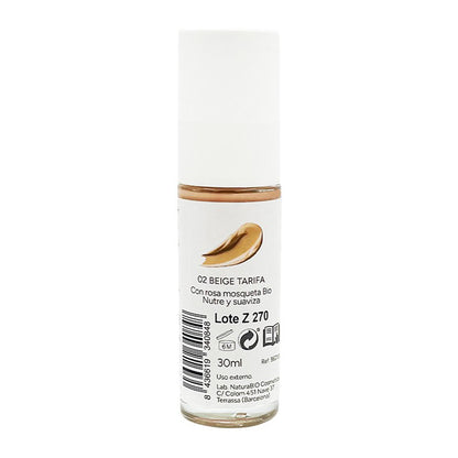 Fond de teint fluide 02 Beige Tarifa, fini impeccable, à la rose musquée et au beurre de karité,  NaturaBio Cosmetics, 30 ml