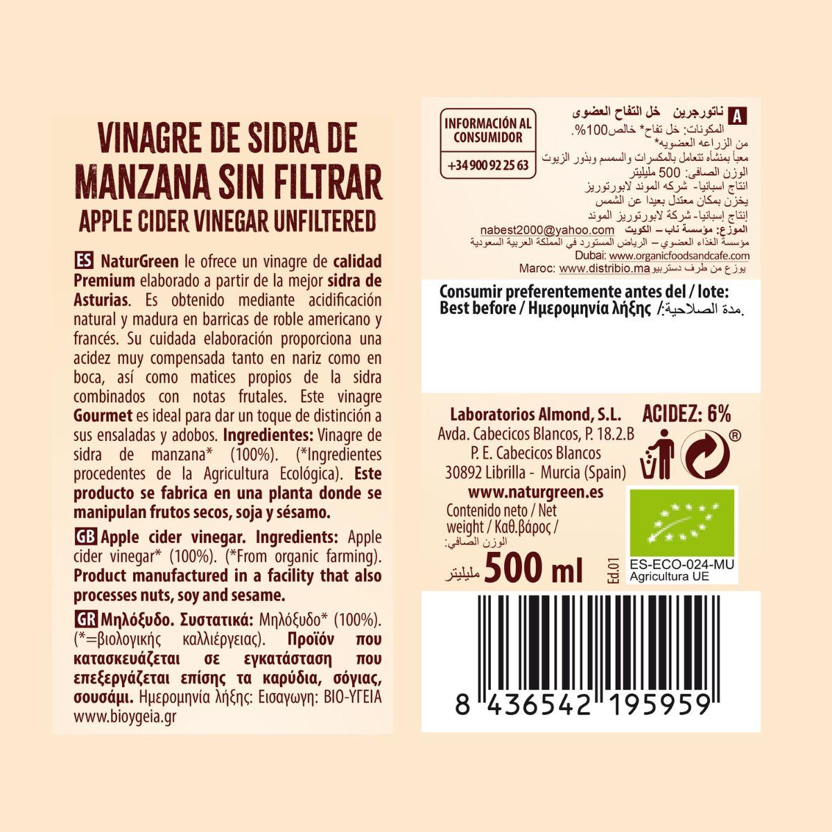 6er-Pack NaturGreen Bio-Apfelessig, ungefiltert, 500 ml