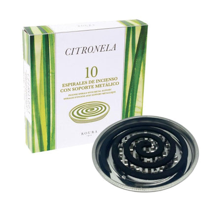 Espiral antimosquitos citronela con soporte metálico 10 ud Roura