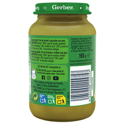 Bio-Babynahrung im Gläschen mit Brokkoli, Erbsen und Truthahn Gerber 190 g GERBER Organic Brokkoli Erbsen Truthahn