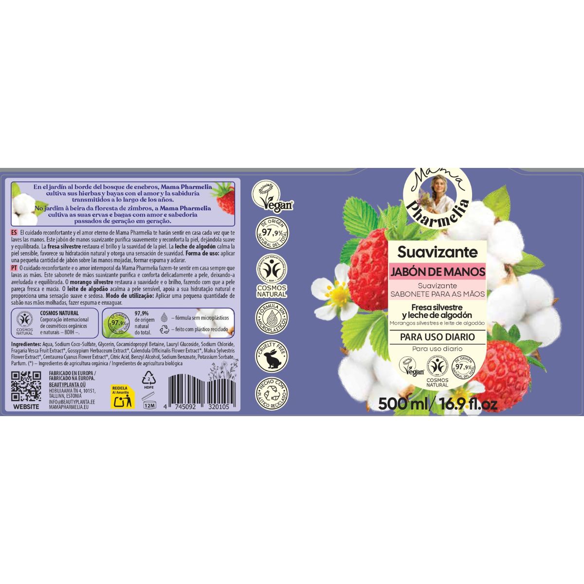 Handseife mit Wilderdbeere und Baumwollmilch, Mama Pharmelia, 500 ml