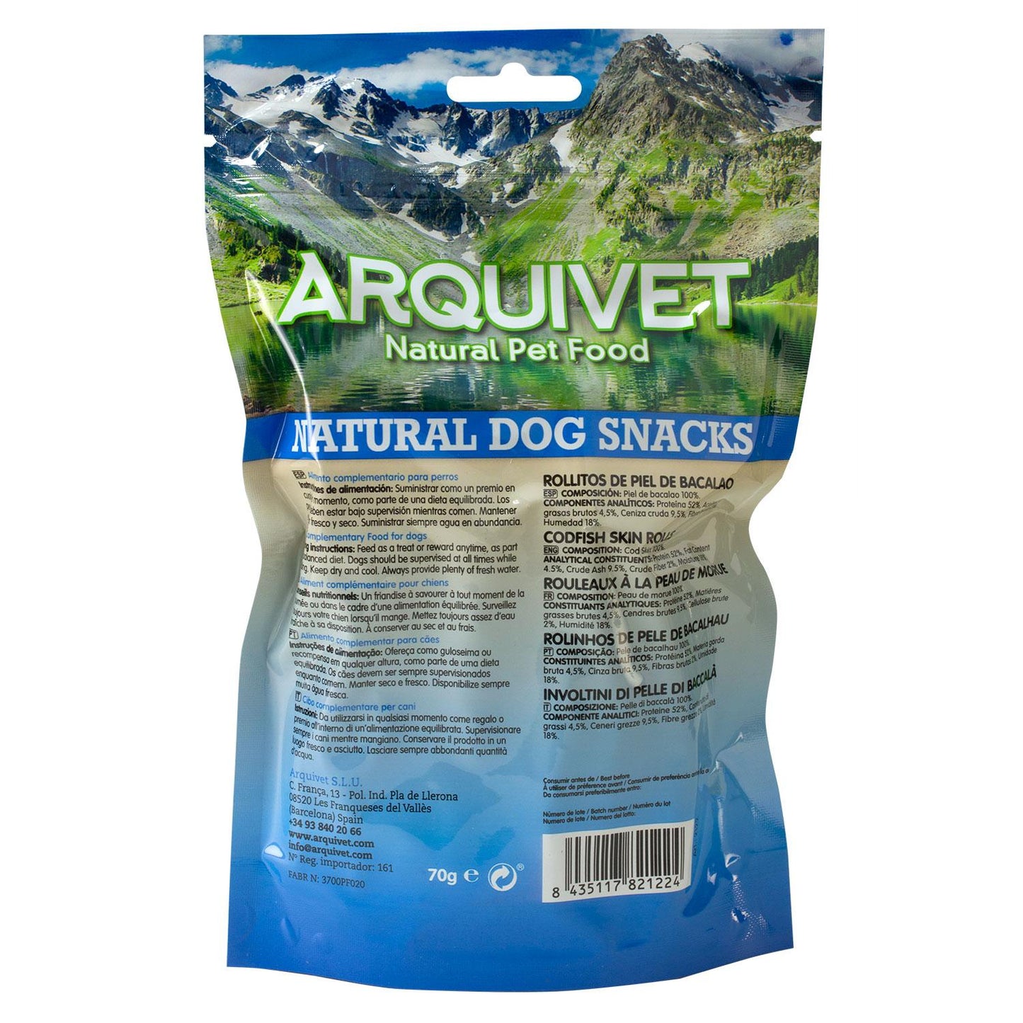 Snack naturale per cani Involtini di pelle di merluzzo Arquivet 70 g