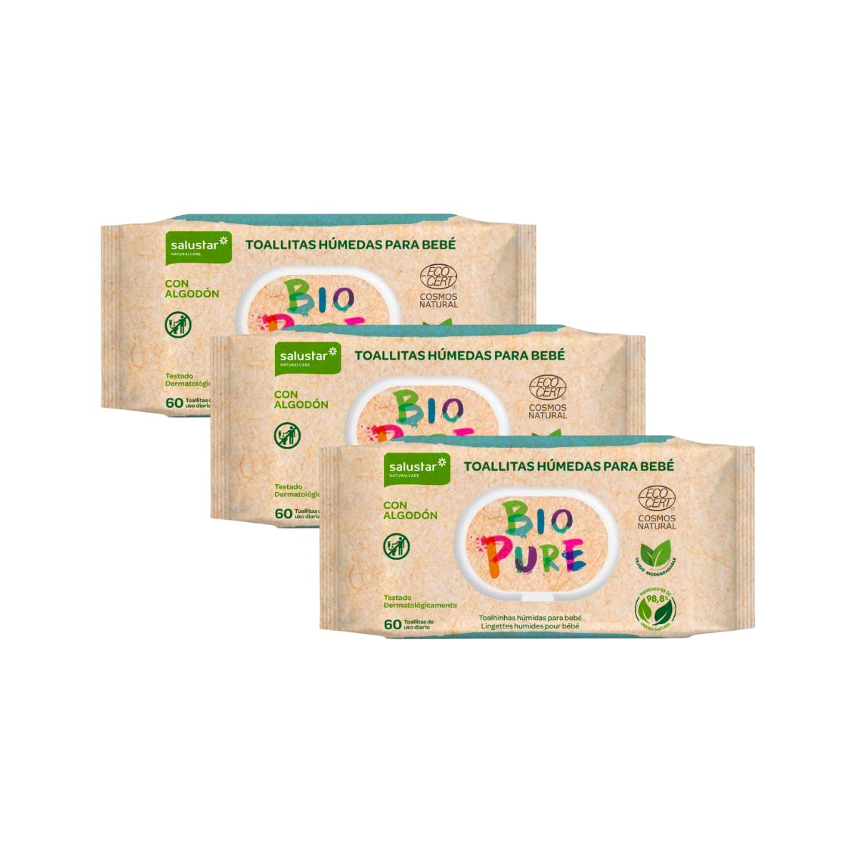 3-pack biologiskt nedbrytbara våtservetter för barn Biopure Salustar 60 st
