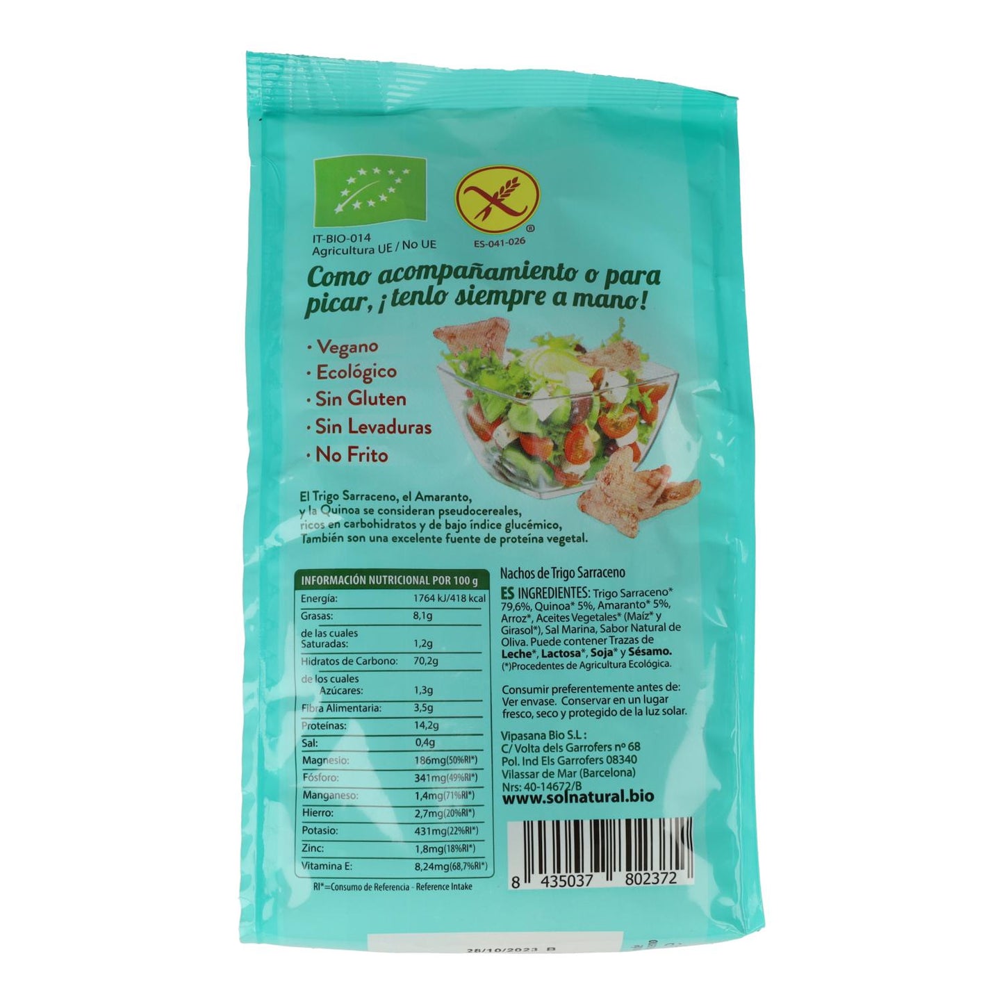 Nachos de sarrasin avec amarante et quinoa BIO sans gluten Sol Natural 80 g